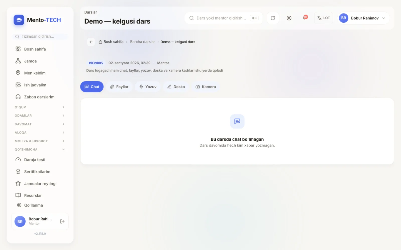 Mentio dars materiallari: chat, fayllar, yozuv, doska, kamera